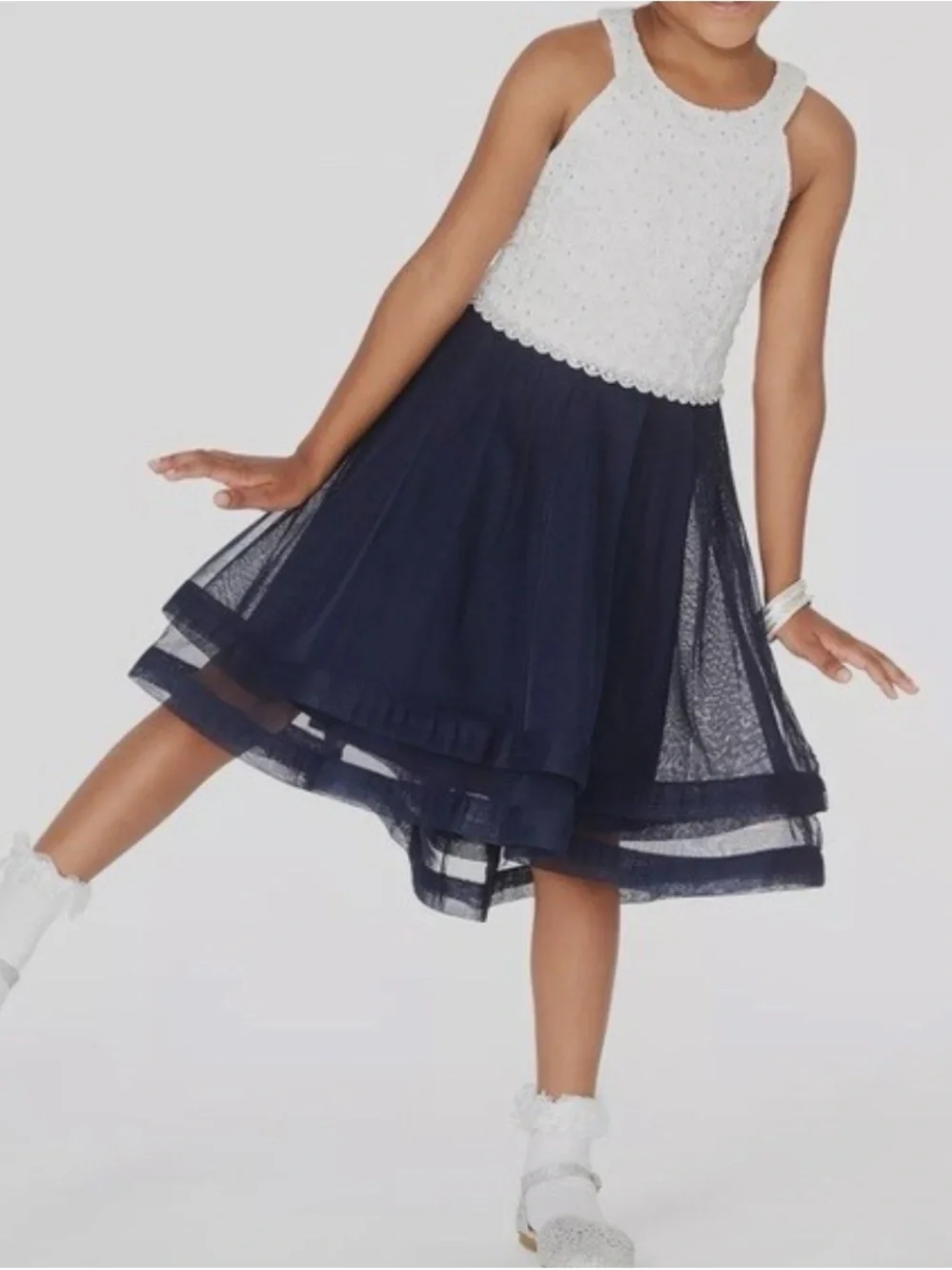 Speechless White Lace and Navy Tulle High-Low Formal Dress